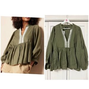Banana Republic Vegan Olive Green Embroidered Boho Flutter Blouse XL Cottagecore